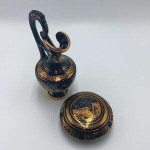 Fakiolas Greece Black Ceramic Pitcher & Lidded Box Set With 24K Gold Detailing E